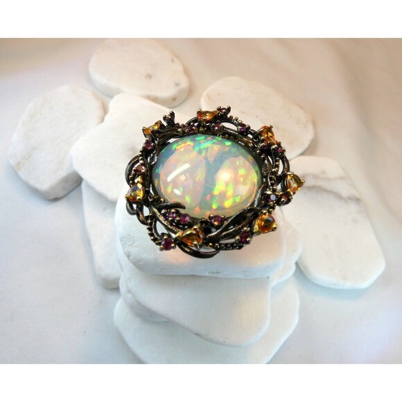 HUGE 17CT Ethiopian Welo Opal Citrine Sterling Silver Ring SZ 8 OOAK Statement - Picture 6 of 11